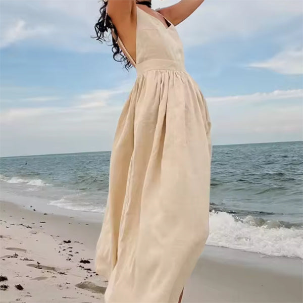 🌿 Linen-Look Tie Strap Midi Dress – Relaxed Elegance for Every Summer Occasion
