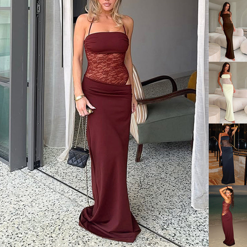 Elegant Lace Panel Maxi Dress – Strapless Bodycon Evening Dress – Various Colours