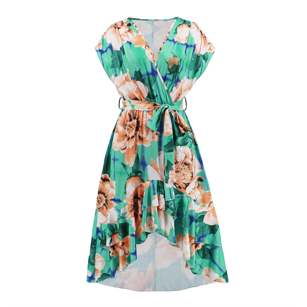 π· TrendPrints Floral Wrap High-Low Dress β Ruffle Hem Summer Midi Dress with Tie Waist β Available in Various Colours