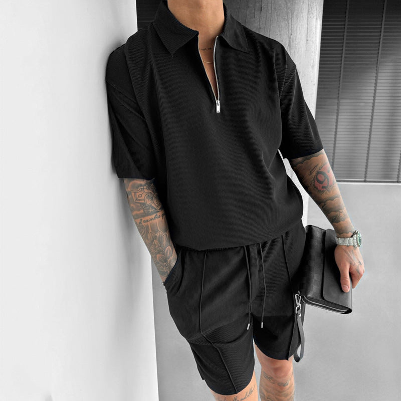 🔥 Men’s Ribbed Zip Polo Shirt & Shorts Set – Summer Casual Loungewear Co-ord (Various Colours)