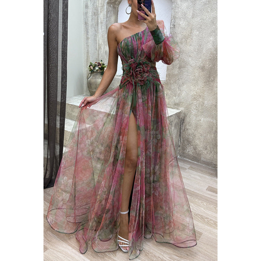 Luxury One-Shoulder Sheer Tulle Gown – Feather Waist Detail – Elegant High Slit Maxi Dress – Festival, Prom, Gala – Various Colours