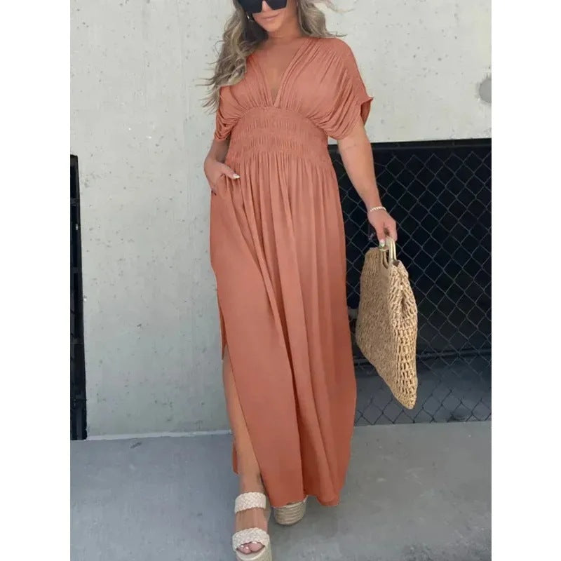 Boho V-Neck Maxi Dress with Pockets – Summer Flowy Style in Various Colours