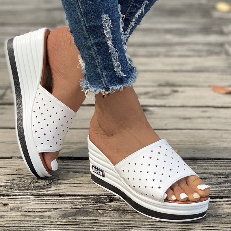 Star-Perforated Platform Slide Sandals – Comfy Summer Wedges in Black or White
