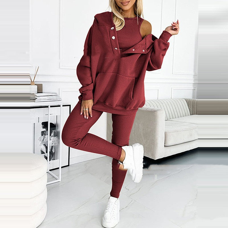 ✨ Women’s 3-Piece Lounge Tracksuit Set - Oversized Hoodie + Ribbed Top + Leggings - Various Colours Available