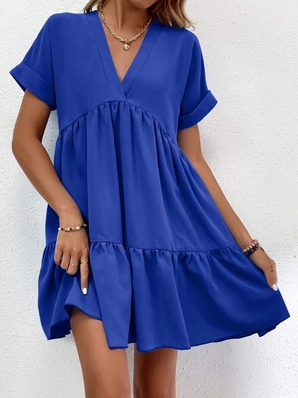 ✨ Women's V-Neck Tiered Mini Dress - Casual Loose Short Sleeve Summer Dress - Available in Various Colours