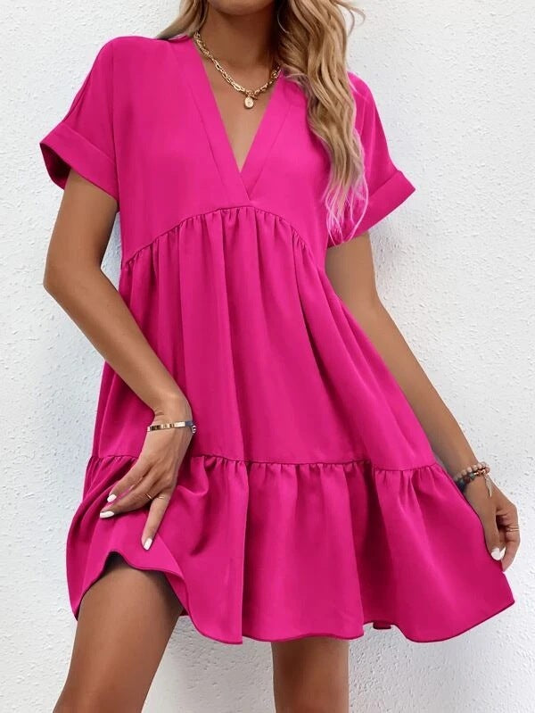 ✨ Women's V-Neck Tiered Mini Dress - Casual Loose Short Sleeve Summer Dress - Available in Various Colours