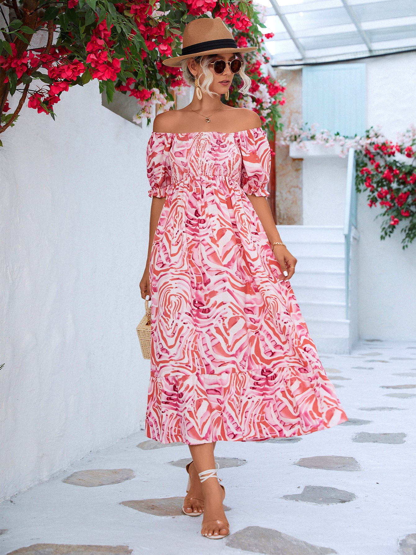 πΈ TrendPrints Off-Shoulder Boho Midi Dress β Smocked Summer Holiday Dress with Puff Sleeves β Available in Various Colours