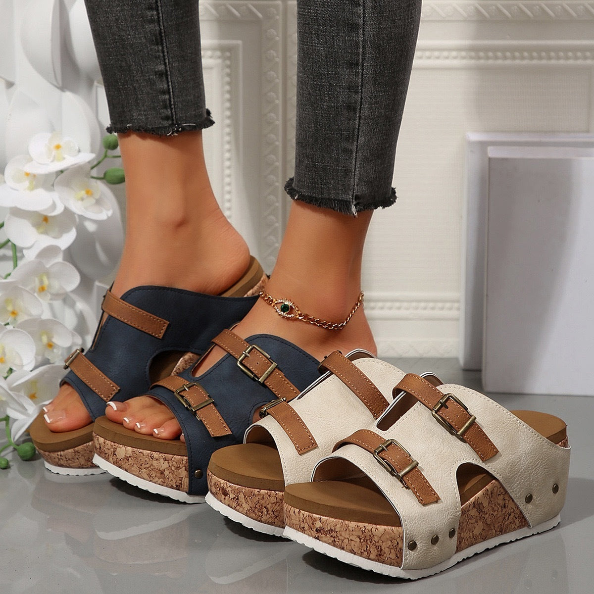 Stylish Buckled Cork Wedge Sandals – Navy and Tan Platform Comfort Sliders with Adjustable Straps
