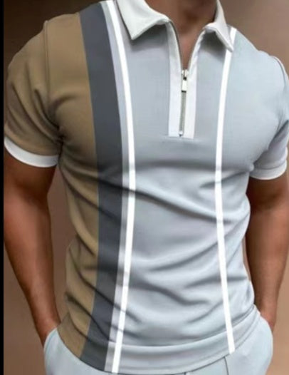 Men’s Retro Vertical Stripe Polo Shirt with Zip Neck – Various Designs
