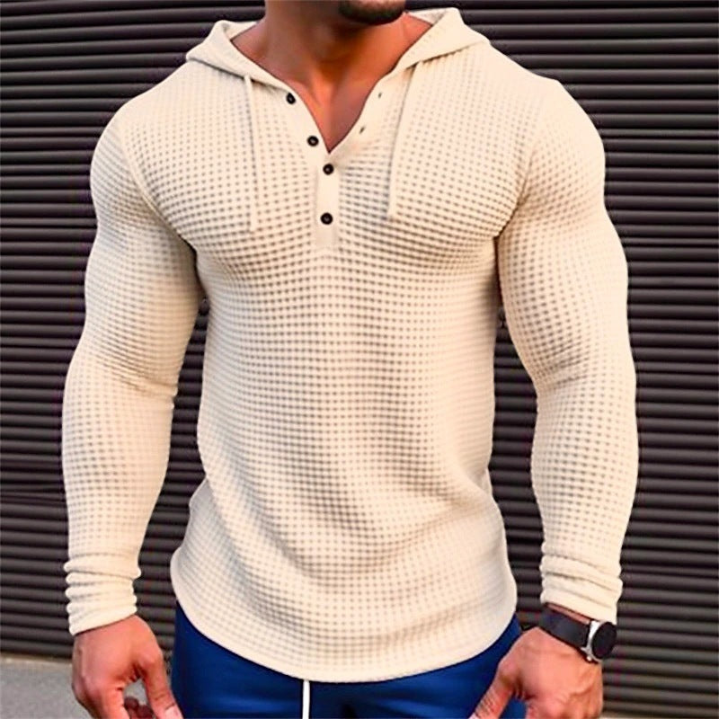 Men’s Textured Long Sleeve Hoodie Henley – Stylish Muscle Fit Pullover Top