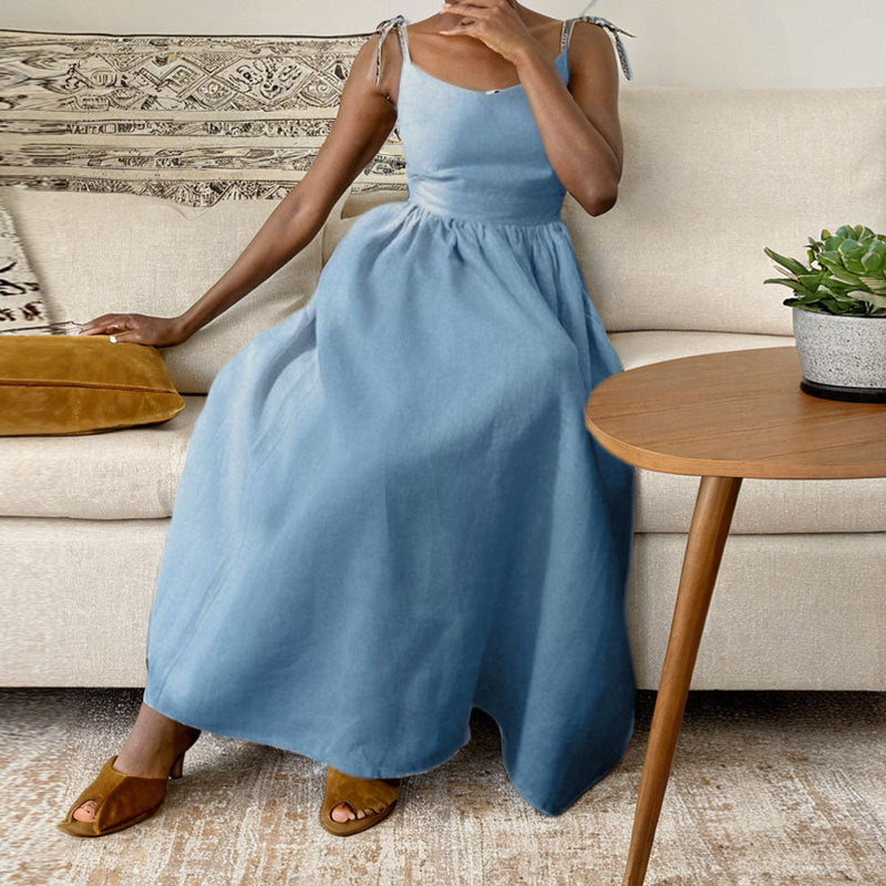 🌿 Linen-Look Tie Strap Midi Dress – Relaxed Elegance for Every Summer Occasion