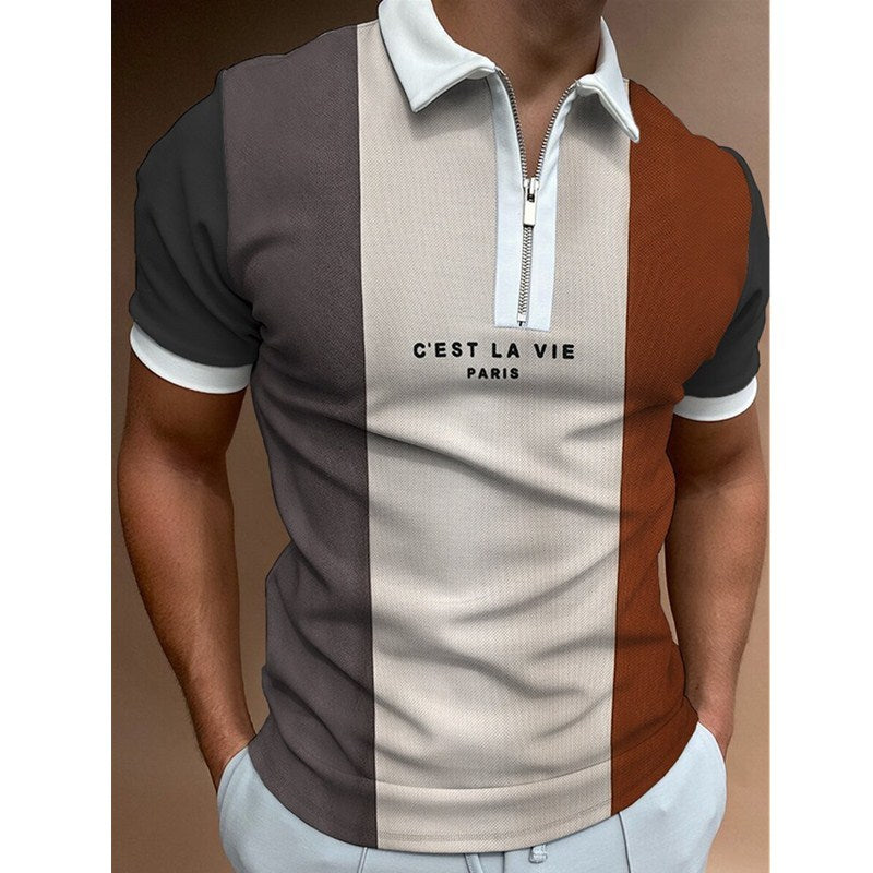 Men’s Retro Vertical Stripe Polo Shirt with Zip Neck – Various Designs