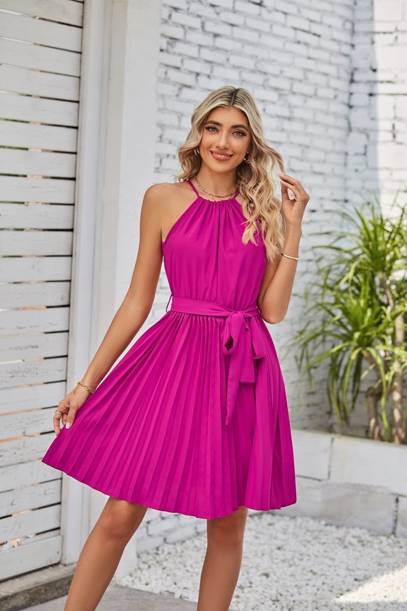 ποΈ TrendPrints Women's Pleated Halter Neck Dress β Elegant Summer Mini Dress with Belt β Available in Various Colours