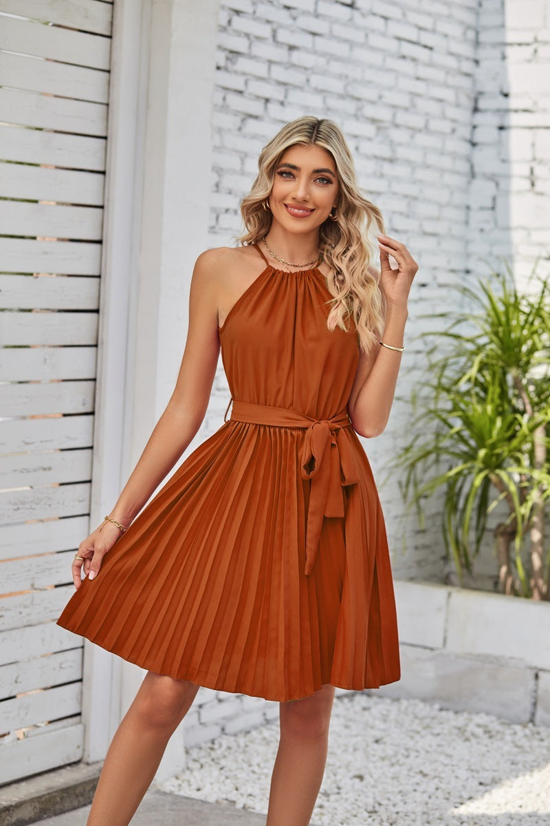 ποΈ TrendPrints Women's Pleated Halter Neck Dress β Elegant Summer Mini Dress with Belt β Available in Various Colours