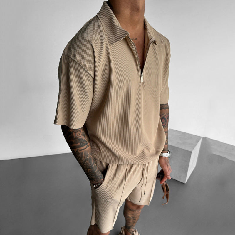 🔥 Men’s Ribbed Zip Polo Shirt & Shorts Set – Summer Casual Loungewear Co-ord (Various Colours)