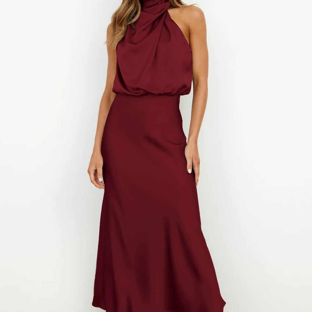 Women’s Elegant Satin High Neck Halter Evening Dress – Sleeveless Midi Dress – Party, Cocktail & Formal Wear – Various Colours