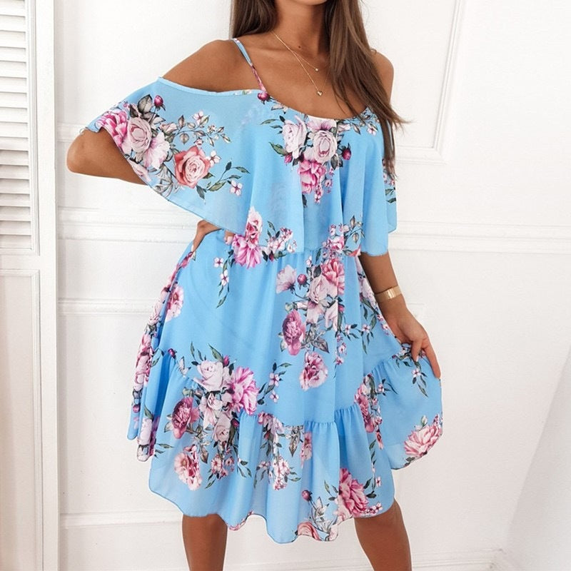 Off Shoulder Floral Summer Dress – Flowy Beach Holiday Dress – Various Colours