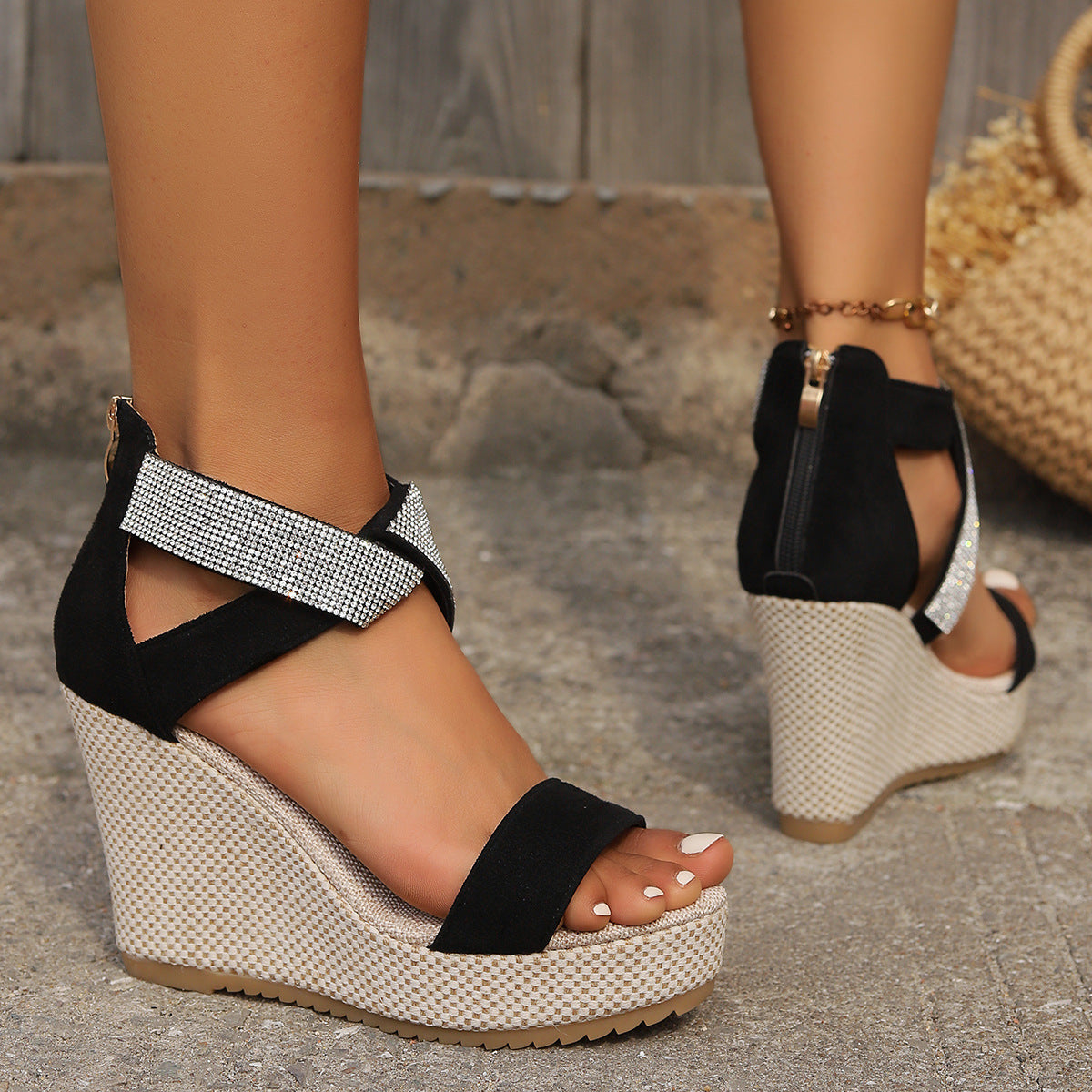 Sparkly Rhinestone Criss-Cross Wedge Sandals – Glam Platform Heels for Summer Parties and Evenings Out