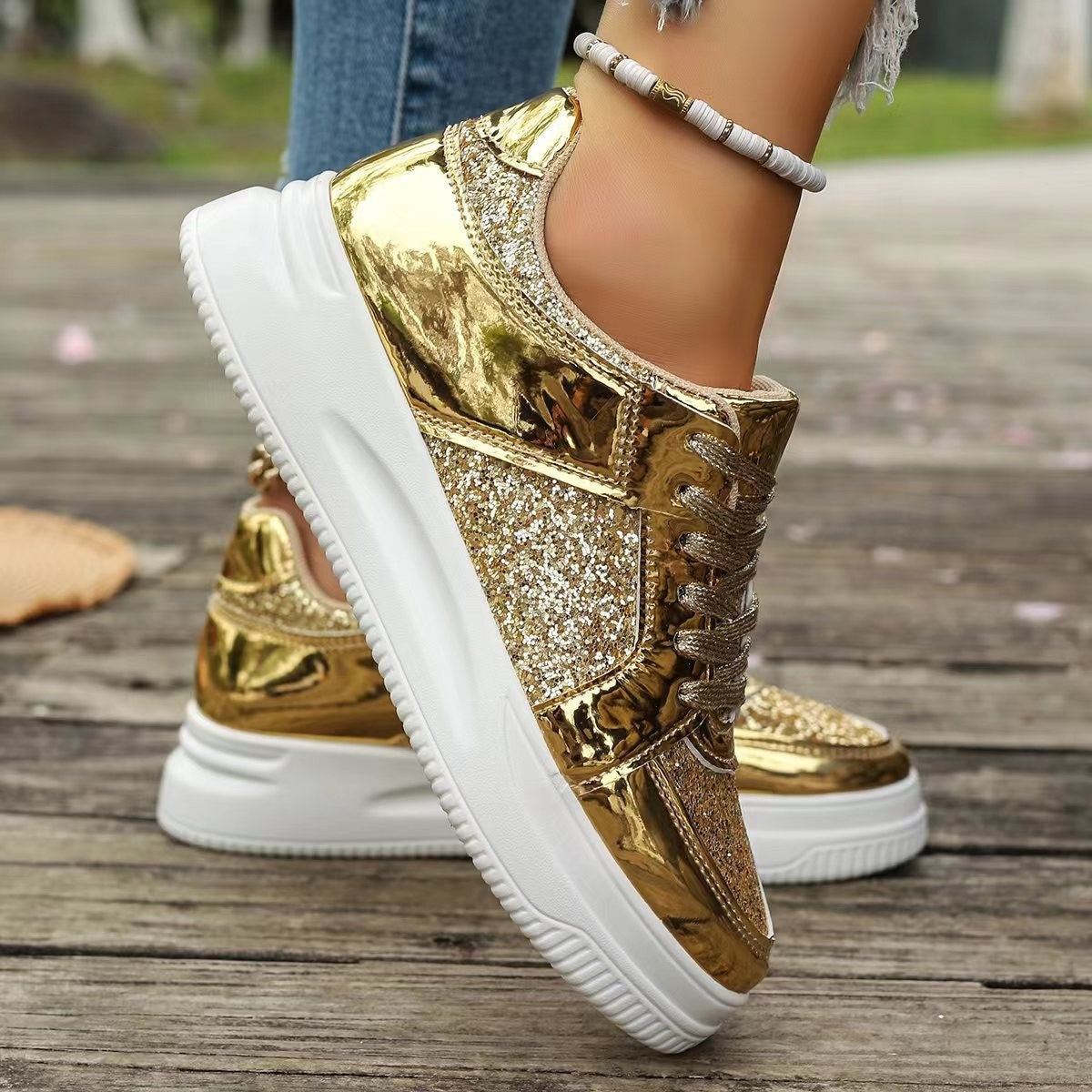 Women's Glitter Gold Platform Trainers – Shiny Lace-Up Sneakers with Chunky Sole for Everyday Glam Look