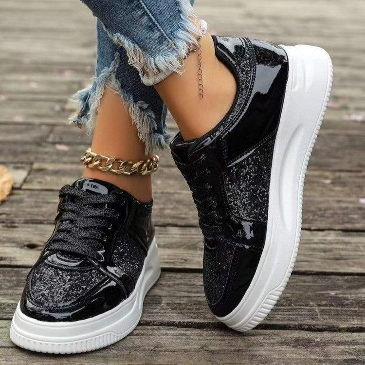 Women's Glitter Gold Platform Trainers – Shiny Lace-Up Sneakers with Chunky Sole for Everyday Glam Look