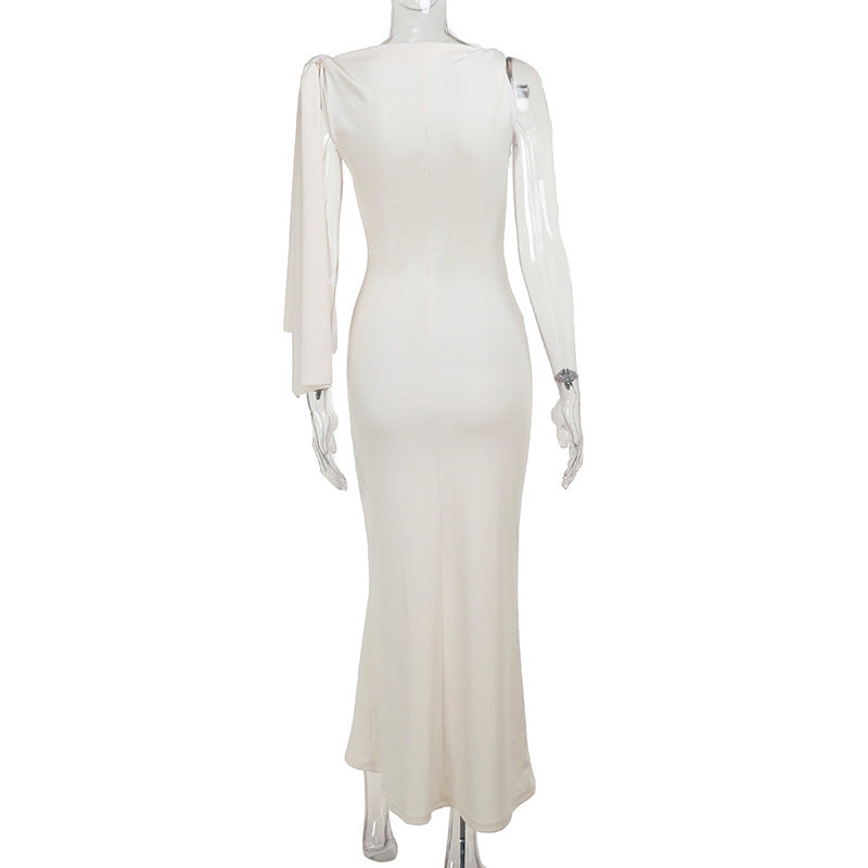 Elegant One-Shoulder Maxi Dress with Bow Detail – Evening Gown in Black or White