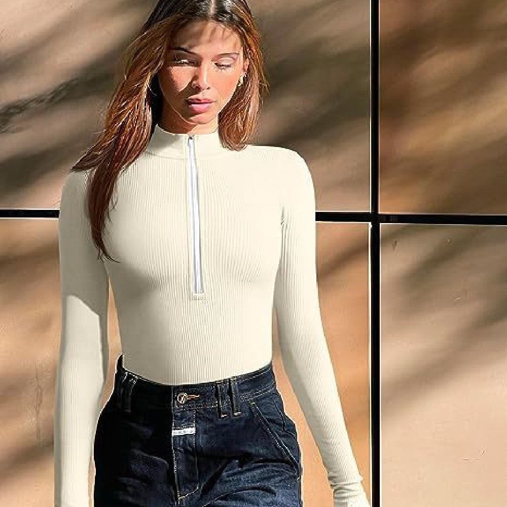 🔥 Zip-Up Ribbed Long Sleeve Bodysuit – Available in Various Colours