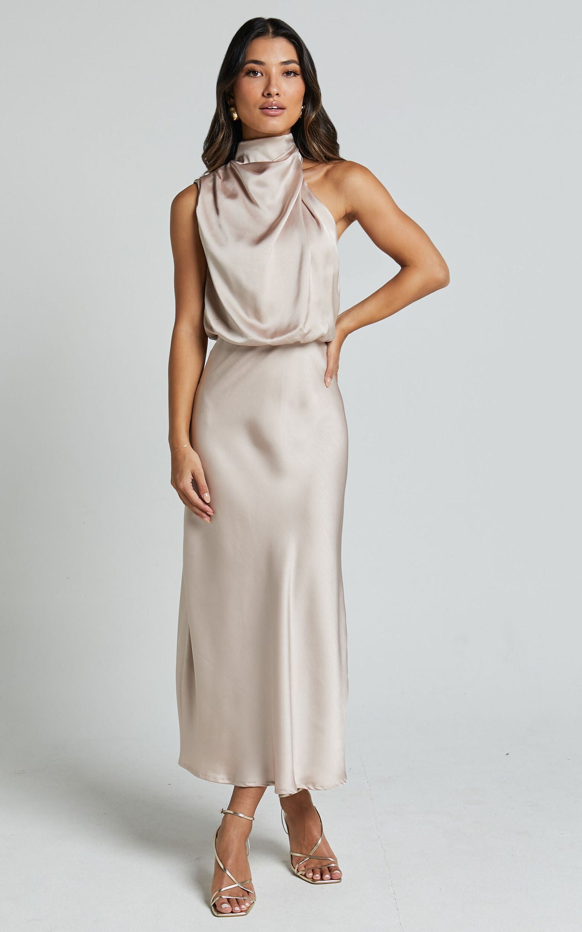 Women’s Elegant Satin High Neck Halter Evening Dress – Sleeveless Midi Dress – Party, Cocktail & Formal Wear – Various Colours
