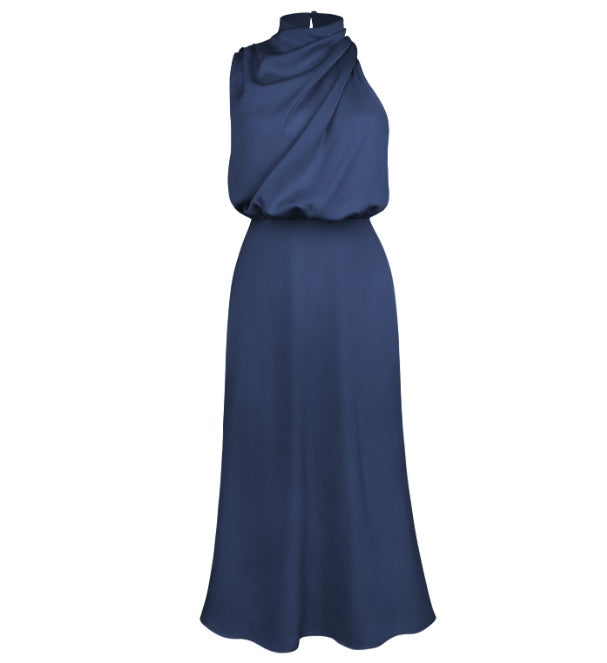 Women’s Elegant Satin High Neck Halter Evening Dress – Sleeveless Midi Dress – Party, Cocktail & Formal Wear – Various Colours