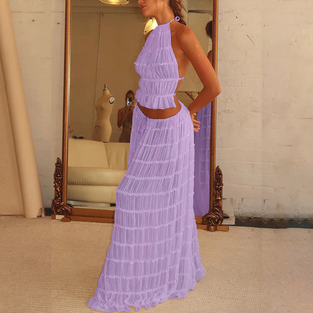 Boho 2 Piece Beach Set – Ruffle Halter Neck Crop Top & Maxi Skirt – Lightweight Summer Holiday Outfit – Various Colours