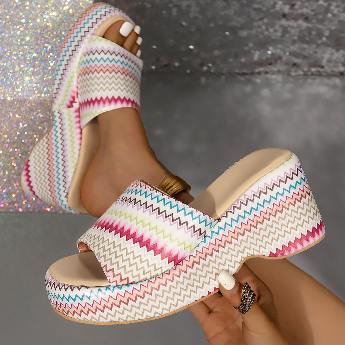 Zigzag Neon Print Platform Slide Sandals – Retro Vibes, Bold Style, All-Day Comfort