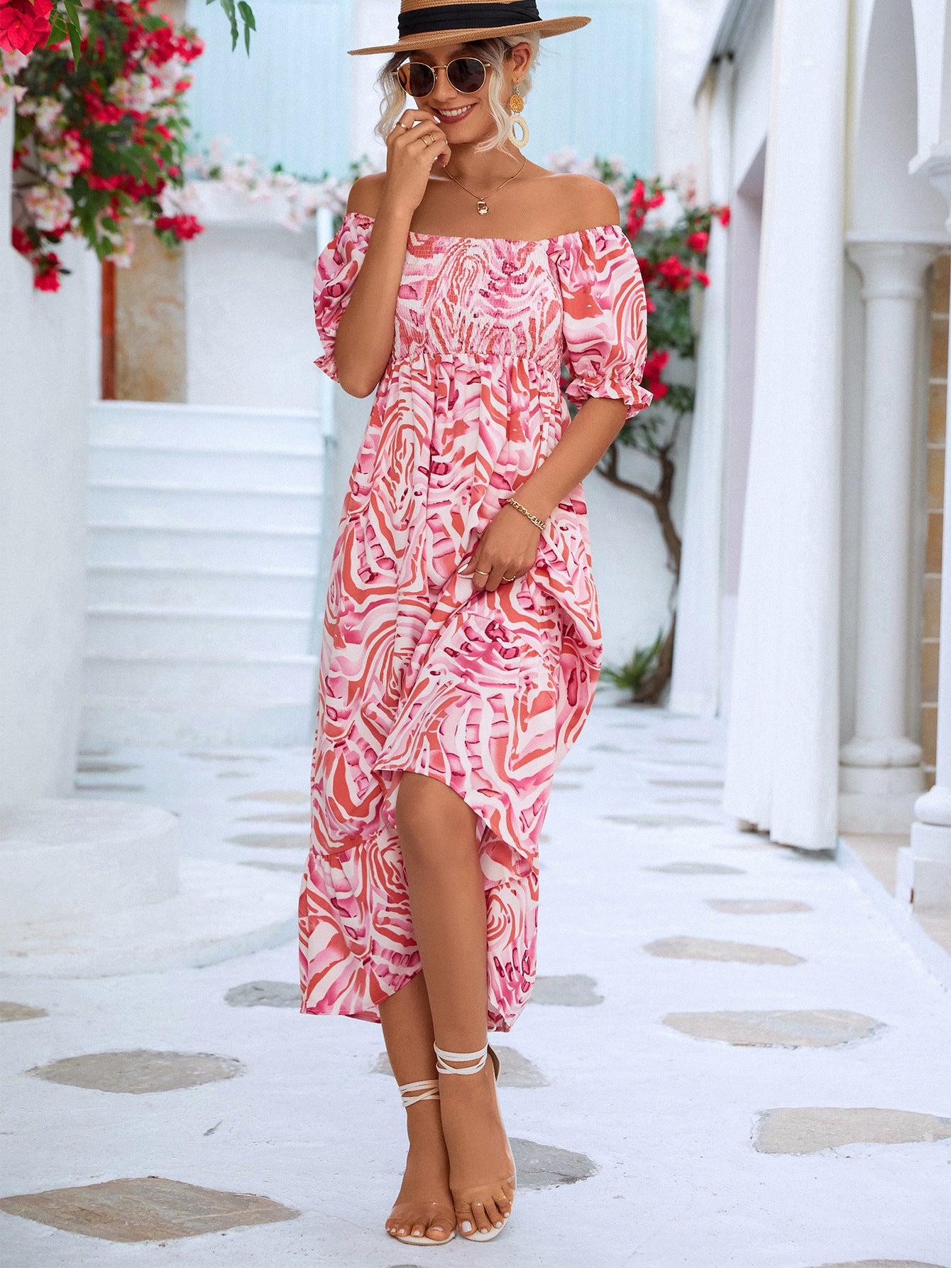πΈ TrendPrints Off-Shoulder Boho Midi Dress β Smocked Summer Holiday Dress with Puff Sleeves β Available in Various Colours