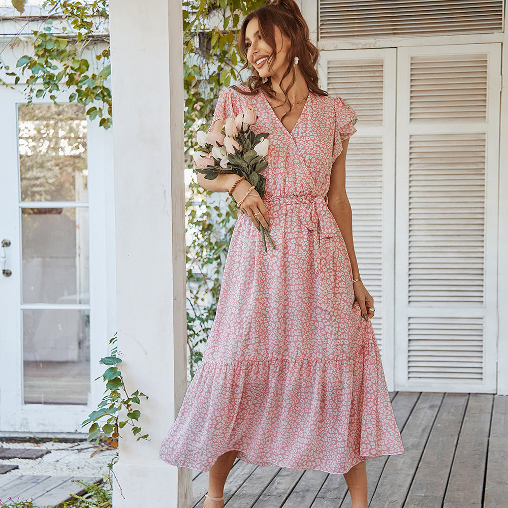Flutter Sleeve Wrap V-Neck Midi Dress – Various Colours | Floral Summer Midi with Belted Waist