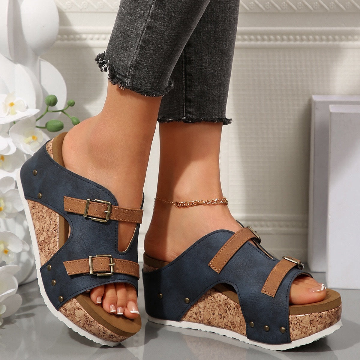 Stylish Buckled Cork Wedge Sandals – Navy and Tan Platform Comfort Sliders with Adjustable Straps