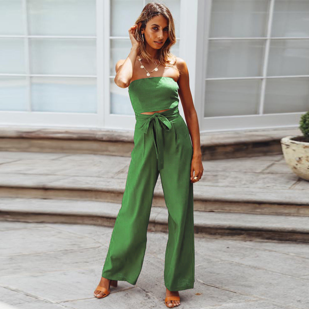 Strapless Wide-Leg Jumpsuit with Waist Tie – Various Colours | Summer Linen-Look Two-Piece Outfit