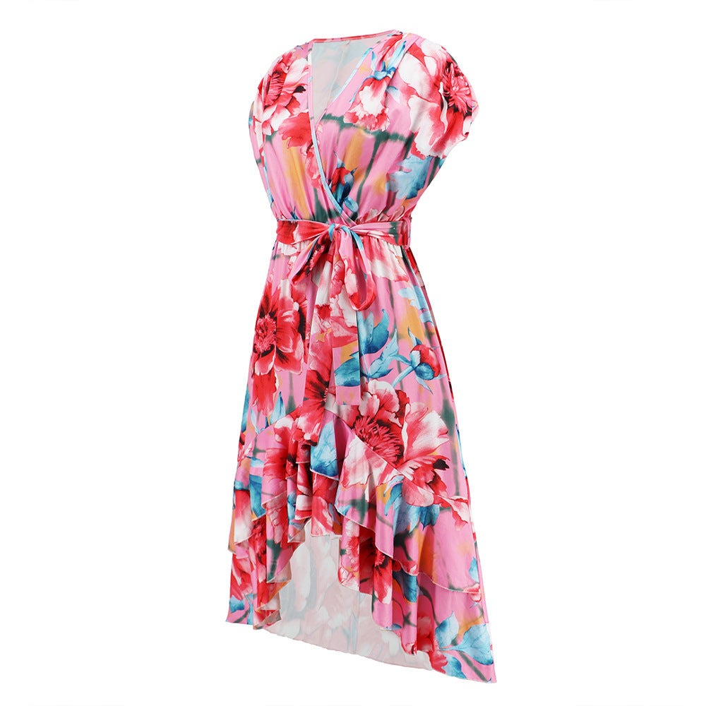 π· TrendPrints Floral Wrap High-Low Dress β Ruffle Hem Summer Midi Dress with Tie Waist β Available in Various Colours