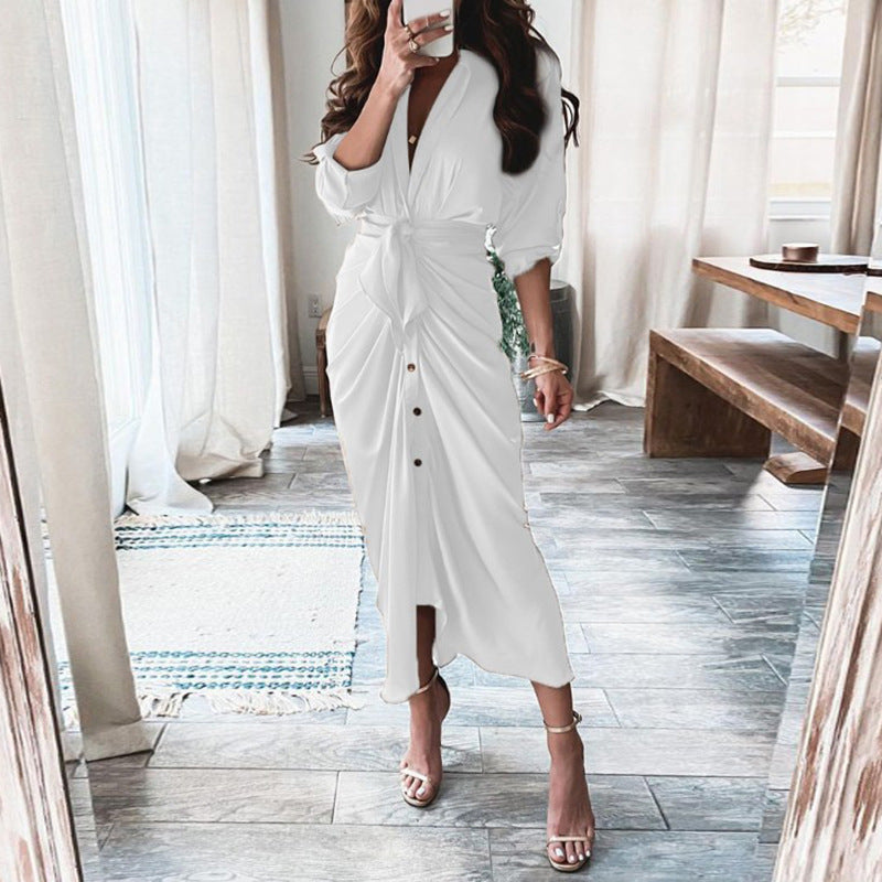 Elegant Knot Waist Shirt Dress – Button Front, Midi Length – Versatile Styles – Various Colours