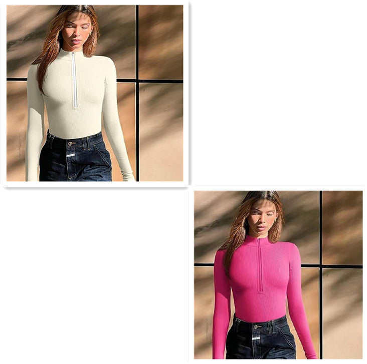 🔥 Zip-Up Ribbed Long Sleeve Bodysuit – Available in Various Colours