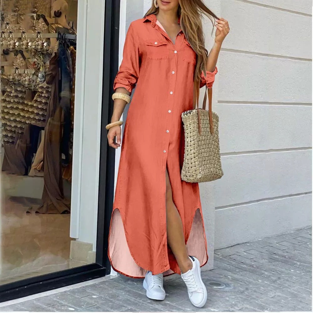 Women’s Casual Button Down Shirt Maxi Dress – Printed Long Sleeve Dress with Side Slit | Various Designs