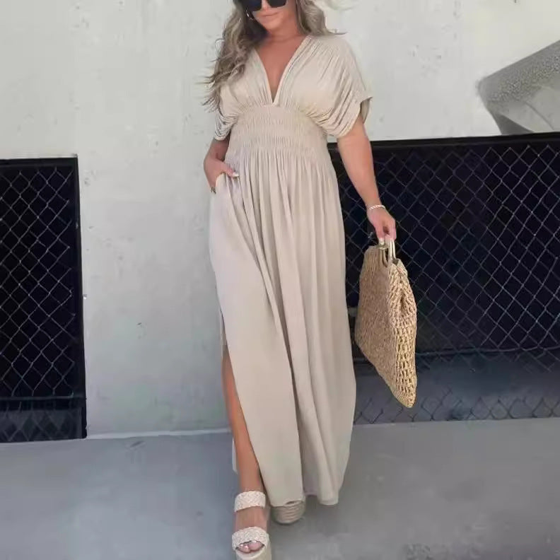 Boho V-Neck Maxi Dress with Pockets – Summer Flowy Style in Various Colours