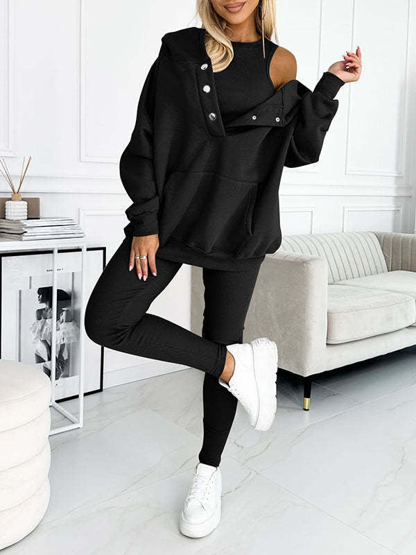✨ Women’s 3-Piece Lounge Tracksuit Set - Oversized Hoodie + Ribbed Top + Leggings - Various Colours Available