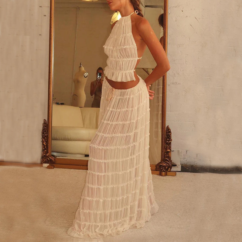 Boho 2 Piece Beach Set – Ruffle Halter Neck Crop Top & Maxi Skirt – Lightweight Summer Holiday Outfit – Various Colours