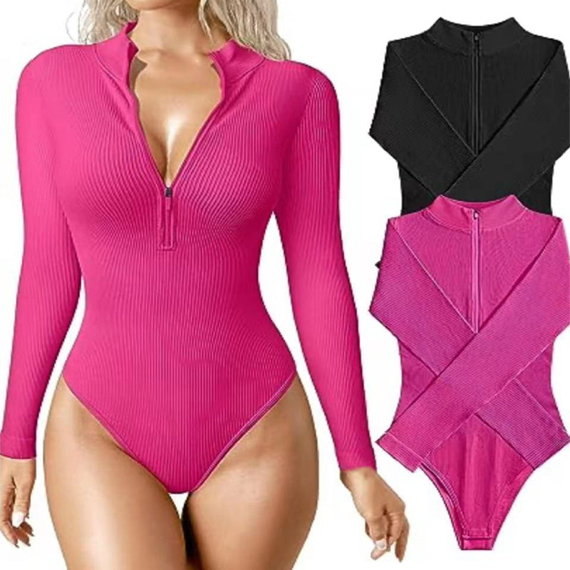 🔥 Zip-Up Ribbed Long Sleeve Bodysuit – Available in Various Colours
