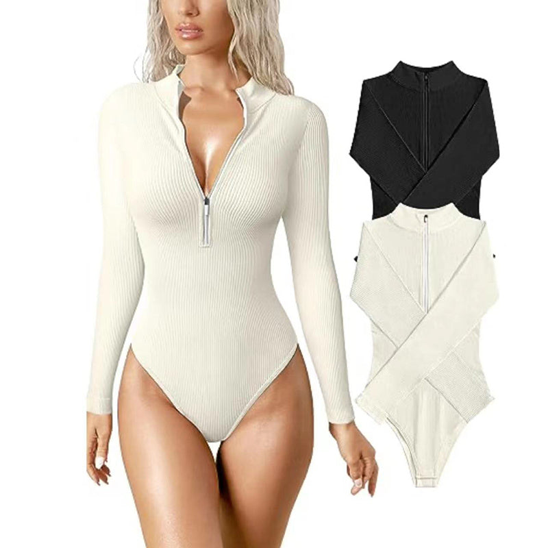 🔥 Zip-Up Ribbed Long Sleeve Bodysuit – Available in Various Colours
