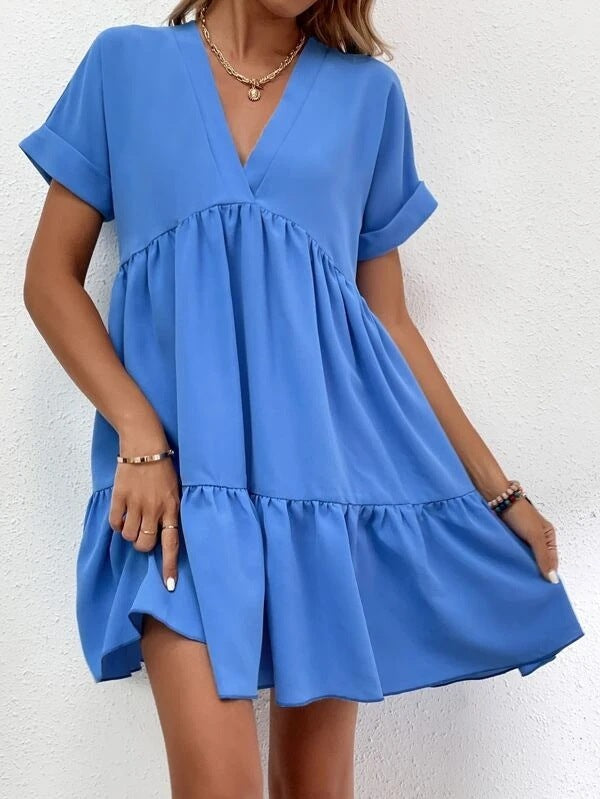 ✨ Women's V-Neck Tiered Mini Dress - Casual Loose Short Sleeve Summer Dress - Available in Various Colours