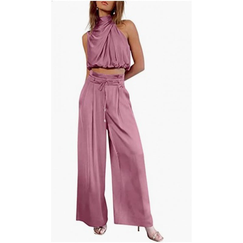 ✨ Women’s Satin 2-Piece Set - Draped Crop Top + Wide Leg High Waist Trousers - Perfect for Party & Evening - Available in Various Colours