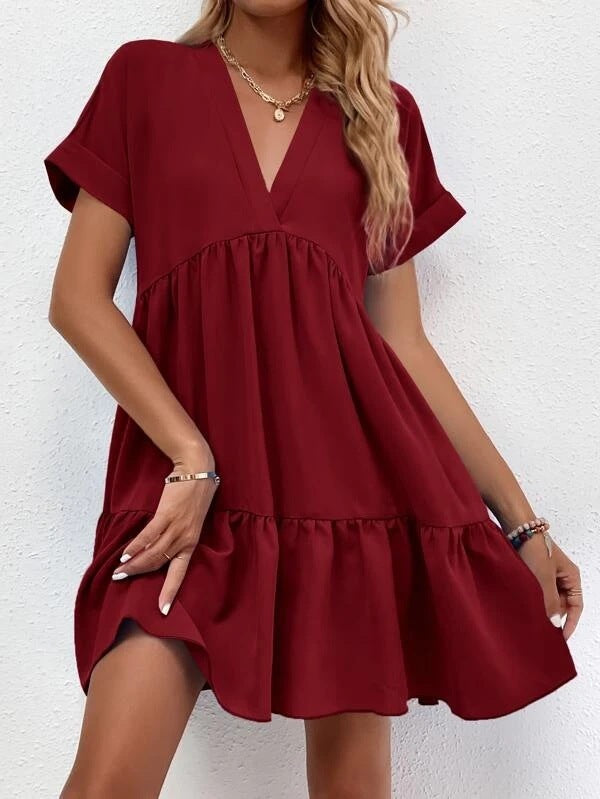 ✨ Women's V-Neck Tiered Mini Dress - Casual Loose Short Sleeve Summer Dress - Available in Various Colours