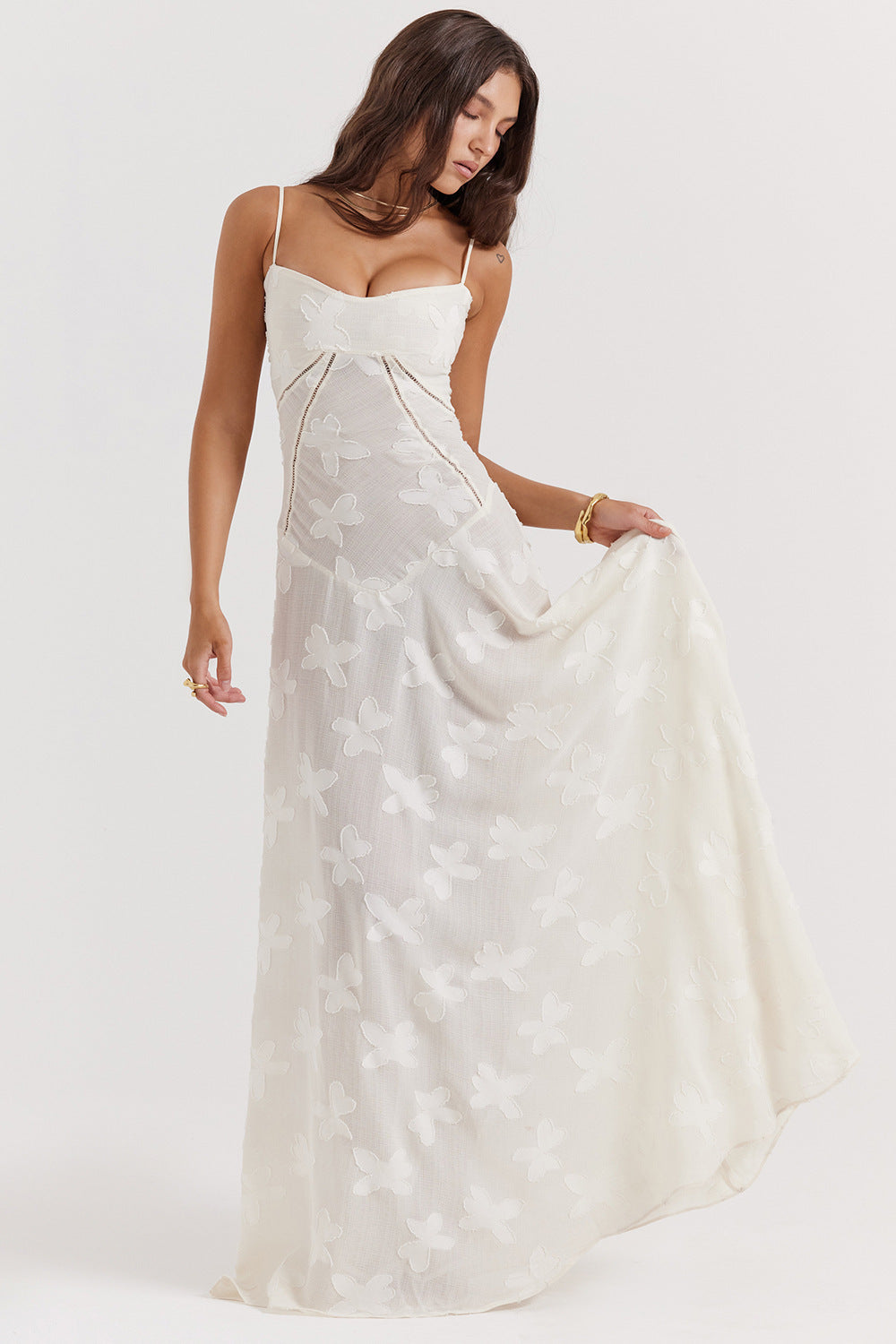 Women’s Elegant Butterfly Lace Maxi Dress – Sleeveless Spaghetti Strap Long Dress – Summer Beach Evening Party Dress – Various Colours