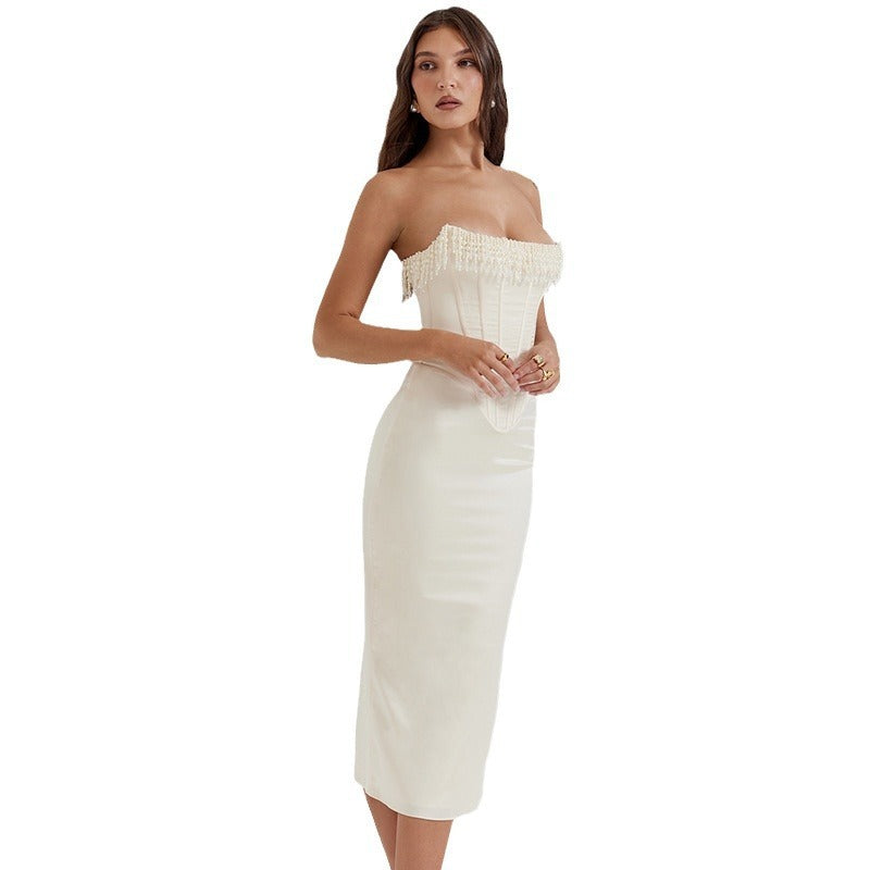 Solid Color Sleeveless Cold-shoulder Pearl Fishbone Dress Skirt Women's Dress
