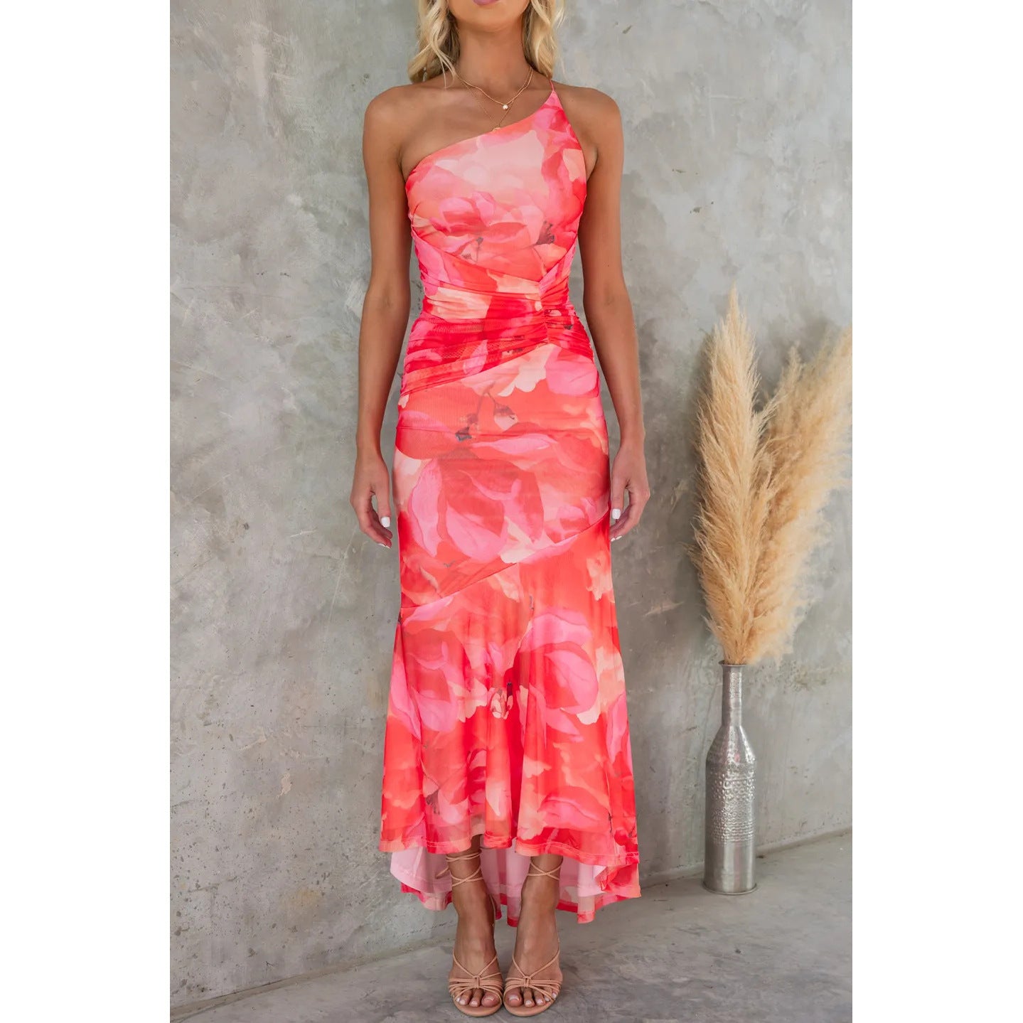๐ธ Elegant Floral Asymmetric Midi Dress โ Summer Holiday, Beach Party, Evening Dress โ Strapless & Ruched โ Multiple Colours