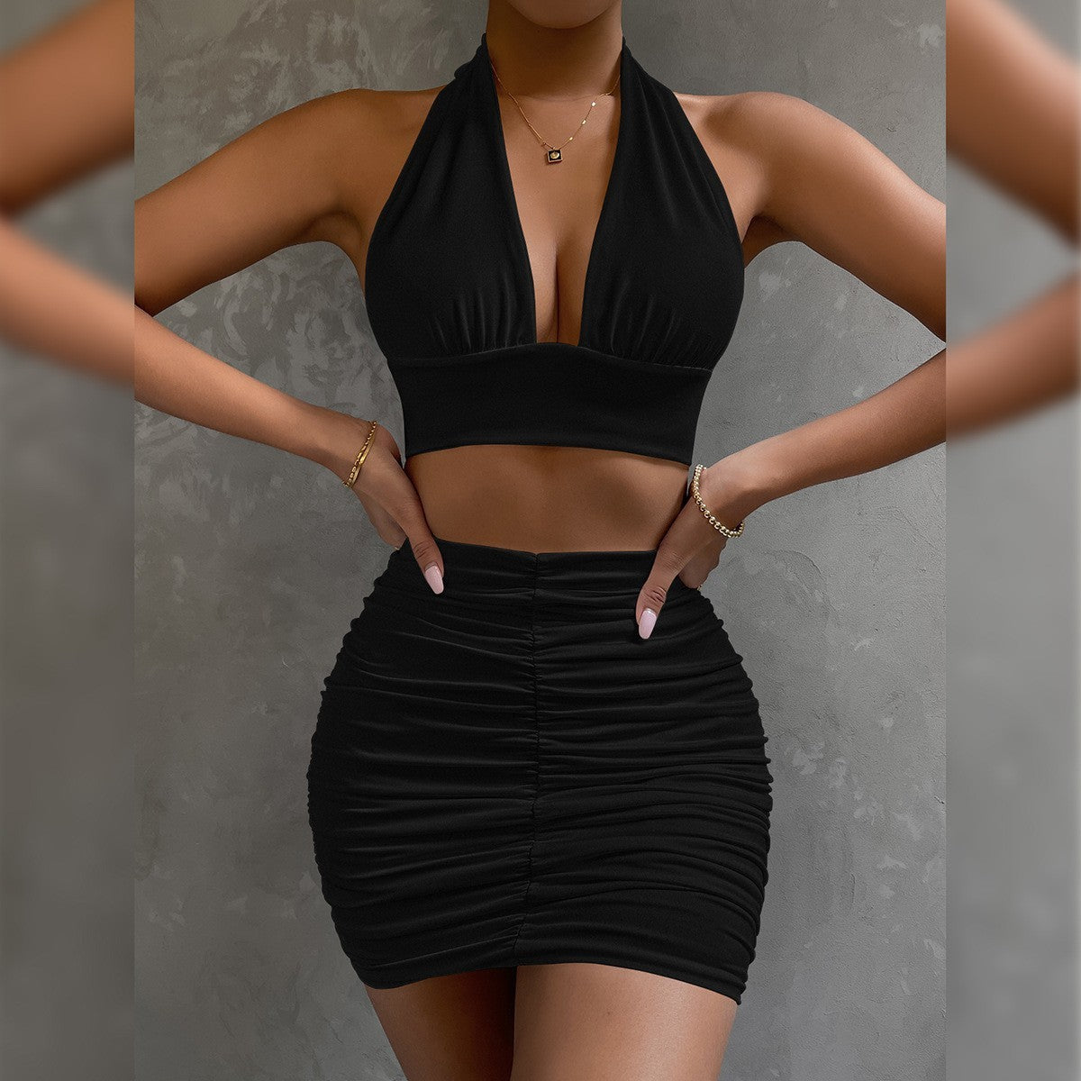 Sexy Halter Neck 2 Piece Mini Skirt Set – Ruched Bodycon Crop Top & Skirt Co-ord Outfit – Summer Party Set – Various Colours